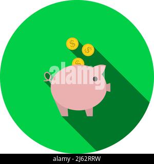 Les pièces de monnaie d'or tombent dans l'icône de la banque de Piggy. Motif pochoir à cercle plat avec ombre longue. Illustration vectorielle. Illustration de Vecteur