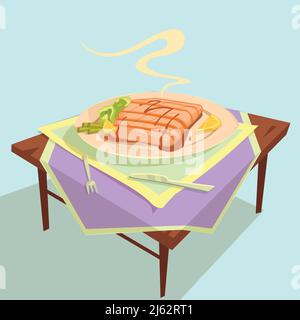 Concept de dessin animé de plat de poisson avec couteau à fourche et table illustration vectorielle Illustration de Vecteur