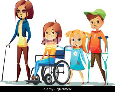 Illustration vectorielle des enfants handicapés. Fille handicapée en fauteuil roulant et femme aveugle en lunettes noires et enfant garçon sans jambe sur cr Illustration de Vecteur