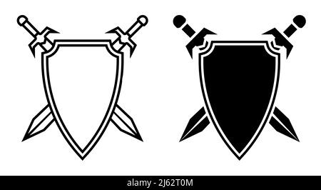 icône linéaire, paire d'épées croisées contre l'arrière-plan du bouclier. Emblème de la vieille famille royale. Vecteur noir et blanc simple isolé sur b blanc Illustration de Vecteur