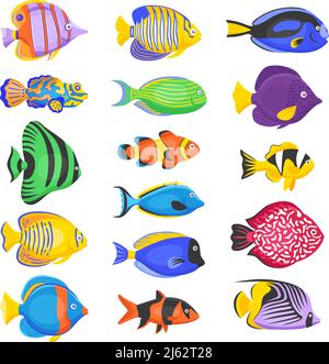 Poissons tropicaux exotiques dans différentes formes et couleurs plates illustration vectorielle isolée Illustration de Vecteur