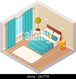 Décoration intérieure de chambre intérieure isométrique avec style de dessin animé coloré décorations pour la maison et l'environnement de l'hôtel illustration vectorielle Illustration de Vecteur