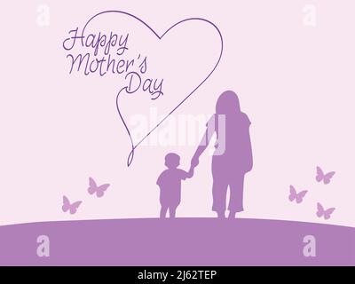 illustration de la mère et de l'enfant tenant les mains près de happy mothers day lettering sur violet, illustration de stock Illustration de Vecteur