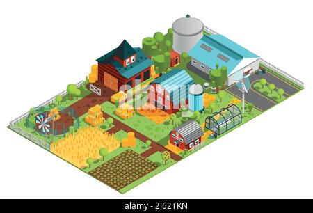 Composition de bâtiments agricoles modernes ruraux orchard maisons plantations isométriques images avec structures construites et illustrations vectorielles de plantes Illustration de Vecteur