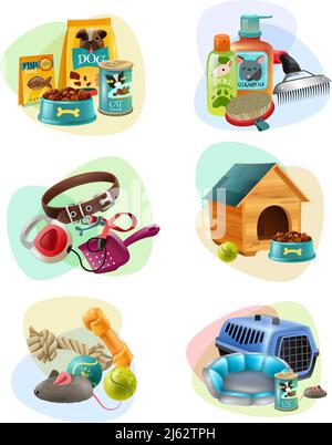 Concept de service de soin d'animaux de compagnie abordable 6 coloré icônes collection avec nourriture sèche pour chiens et gâteries illustration vectorielle isolée Illustration de Vecteur