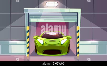 Garage de voiture ou sortie de stationnement avec volets roulants illustration vectorielle. Véhicule sportcar moderne à l'entrée avec grille supérieure transversale ouverte ou auto Illustration de Vecteur
