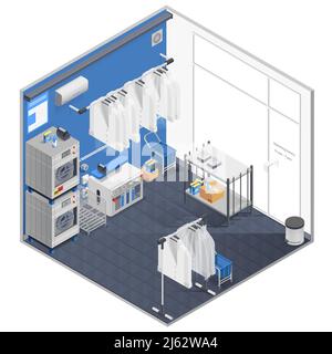 Blanchisserie et nettoyage à sec concept isométrique avec machines à laver et illustration du vecteur de fer Illustration de Vecteur