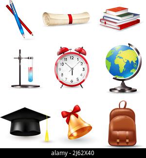 Ensemble d'accessoires pour l'école avec chapeau de remise de diplômes, réveil, papeterie, rouleau, globe, livres et illustration vectorielle isolée par une cloche Illustration de Vecteur