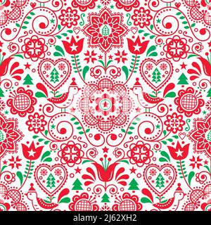 Motif vectoriel d'art folklorique sans couture avec oiseaux en chapeaux d'hiver, flocons de neige, arbres et fleurs de Noël, motif floral scandinave festif dans la r Illustration de Vecteur