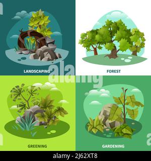 Paysagiste jardinage 4 icônes plates concept avec forêt tropicale arbres et l'illustration vectorielle isolée des compositions de cour avant Illustration de Vecteur