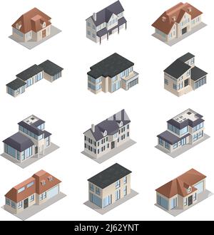 Maisons de banlieue isométriques de faible hauteur de MPdern de forme différente isolées illustration vectorielle sur fond blanc Illustration de Vecteur