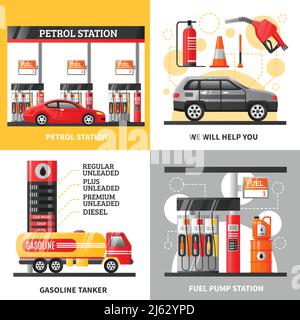 Concept 2x2 de station-service et de station-service avec station-service illustration du vecteur plat du réservoir à essence et de la station de pompe à carburant Illustration de Vecteur