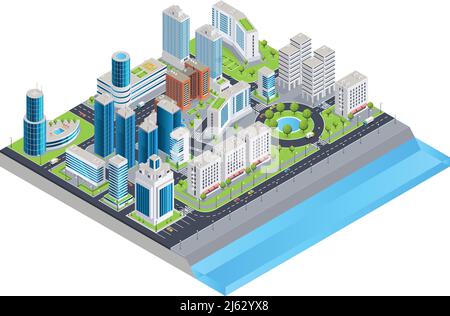 Composition isométrique de ville avec gratte-ciel moderne voitures sur les parcs de rue et illustration du vecteur de remblai de ville Illustration de Vecteur