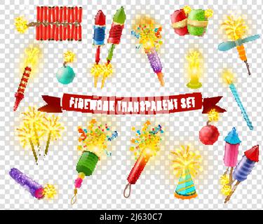 Pyrotechniques feu feux de cheminée pétards indien bengale lumières et sparkers effets spéciaux collection colorée sur fond transparent vecteur illustrateur Illustration de Vecteur