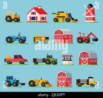 Icônes plates orthogonales d'exploitation définies avec différents types de transport moulin à la maison des granges de différentes tailles et bien sur le vert illustrateur de vecteur isolé de l'herbe Illustration de Vecteur