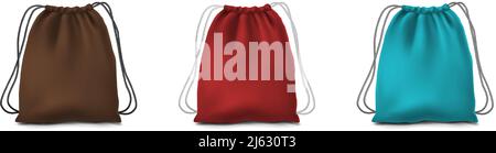 3d sacs à dos de sport vectoriels réalistes de couleur marron, rouge et bleue. Illustration de Vecteur