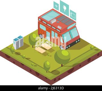 Composition isométrique pour la maison mobile comprenant une fourgonnette avec batteries solaires wi-fi camping et technologies icônes illustration vectorielle Illustration de Vecteur