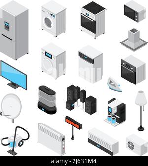 Appareils ménagers ensemble isométrique avec fer à repasser, télévision, four à micro-ondes, réfrigérateur et cuisinière mélangeur mélangeur machine à café climatisation chauffage hotte d'aspiration isolée Illustration de Vecteur