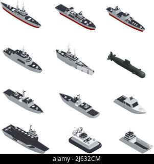 Bateau militaire de couleur foncée Isométrique isolé icône ensemble pour différents types de troupes illustration vectorielle Illustration de Vecteur