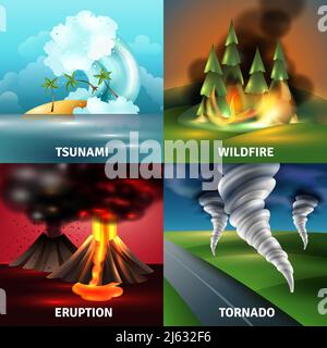 Catastrophes naturelles concept de conception avec éruption de volcan tsunami avec lave et l'illustration vectorielle isolée de la tornade de la cendre Illustration de Vecteur