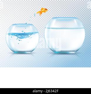 Poisson sautant hors de la composition de bol avec l'image réaliste de poissons rouges et deux aquariums similaires gonflés avec l'illustration du vecteur d'eau Illustration de Vecteur