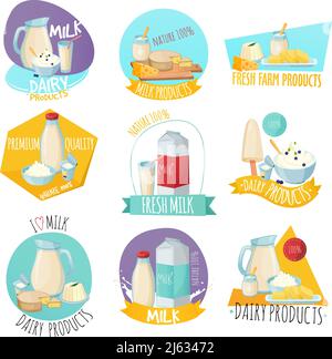 Ensemble de logos avec produits laitiers, y compris le beurre de caillé de lait illustration vectorielle isolée fromage et éléments design Illustration de Vecteur