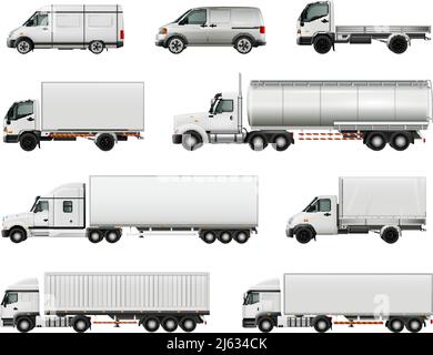 Ensemble de véhicules utilitaires blancs réalistes, y compris des camions lourds avec diverses remorques, camions, fourgonnettes illustration vectorielle isolée Illustration de Vecteur