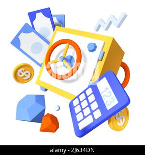 Gardez de l'argent et des pierres précieuses - moderne réaliste coloré 3D illustration Banque D'Images