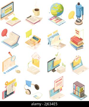 Jeu d'e-learning d'icônes isométriques avec ordinateur portable, didacticiels, diplôme, test, livres audio, illustration vectorielle isolée de la calculatrice Illustration de Vecteur