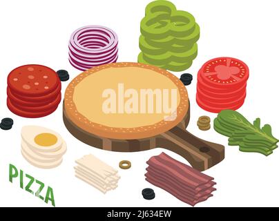 Composition isométrique de pizzas, y compris pâte au sésame sur planche à découper, légumes, œufs, viande, mozzarella, illustration du vecteur arugula Illustration de Vecteur