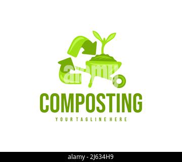 Compostage, recyclage, brouette avec terre et sprout, logo. Agriculture, agriculture, compost et ​composted cycle du sol, conception vectorielle et illus Illustration de Vecteur