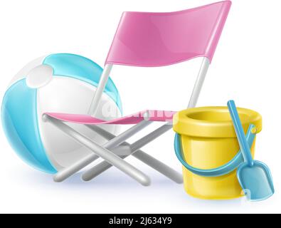 icônes vectorielles réalistes. Ensemble de chaise d'été, seau en plastique jaune sable avec bêche isolée sur fond blanc. Illustration de Vecteur
