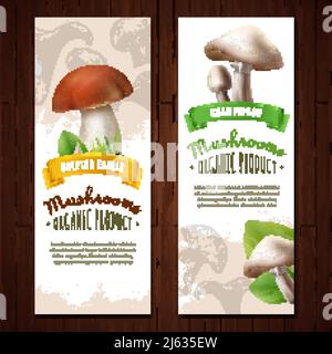 Banderoles verticales de champignons avec des images de boletus comestibles et champignons avec fond décoratif et illustration vectorielle de texte Illustration de Vecteur