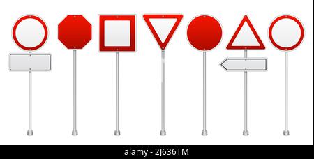 Des panneaux d'avertissement et de réglementation de la circulation routière vierges réalistes, y compris arrêter et empêcher l'illustration du vecteur rouge isolé Illustration de Vecteur