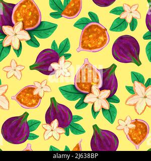 Motif de fruits orange figue sans couture. Illustration aquarelle dessinée à la main Banque D'Images