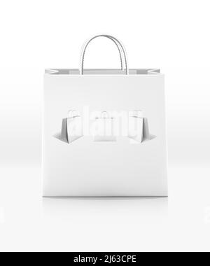 icône vecteur réaliste. Sac de papier blanc avec poignées en corde. Isolé sur fond blanc. Vue avant, maquette publicitaire. Illustration de Vecteur