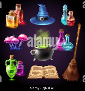 Ensemble réaliste Halloween avec divers objets pour sorcières isolées sur illustration vectorielle d'arrière-plan noire Illustration de Vecteur