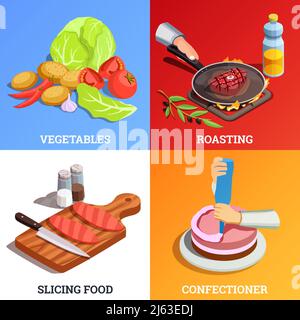 Les cuisiniers professionnels Chef pizzeria personnes isométriques concept 2x2 design avec divers plats et légendes de texte illustration vectorielle Illustration de Vecteur