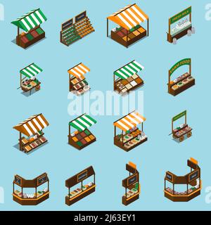 Ferme marché local collection isométrique avec des images isolées des étals avec les produits de tentes et les plaques d'enseigne illustration vectorielle Illustration de Vecteur