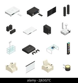 Les icônes isométriques du système Home Cinéma moderne sont isolées du blanc illustration vectorielle 3d d'arrière-plan Illustration de Vecteur