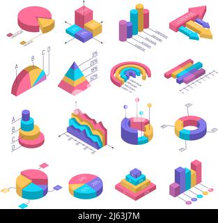 Ensemble de diagrammes isométriques isolés pour les infographies avec des corps géométriques de forme différente avec des segments colorés illustration vectorielle Illustration de Vecteur