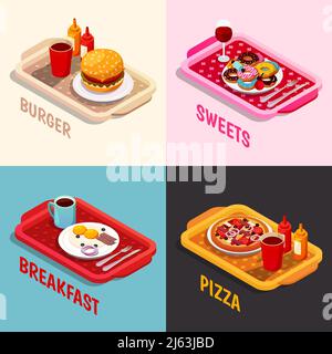 Cuisine alimentaire concept isométrique comprenant des plateaux avec hamburger, bonbons et vin, petit déjeuner, illustration de vecteur isolé de pizza Illustration de Vecteur