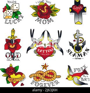 Vieux tatouage école isolé emblèmes colorés ensemble avec tatouage traditionnel fleurs les symboles oiseaux et mer esquissent une illustration vectorielle Illustration de Vecteur