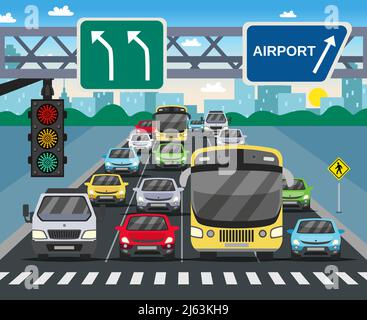 Feu de signalisation rouge sur l'image plate de la rue animée avec véhicules se tenant à l'illustration du vecteur de passage à la zébrée Illustration de Vecteur