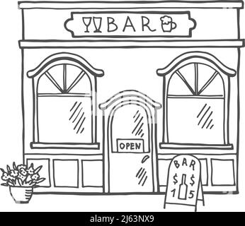Façade du bar de la rue. Vue de face dessinée à la main Illustration de Vecteur