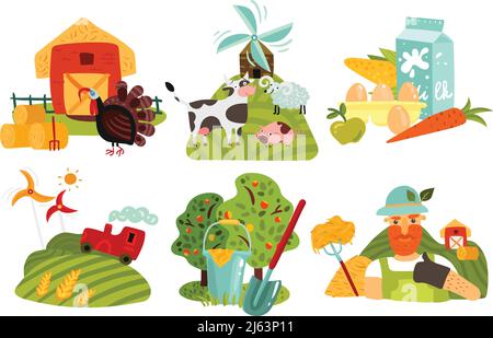 Concept de conception de ferme avec jardinage, moulins à vent sur les champs verts, grange et foin, animaux, produits illustration vectorielle isolée Illustration de Vecteur