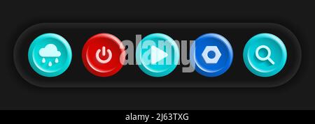 Icônes colorées de l'application d'interface utilisateur. Réglage des boutons Météo, Marche/Arrêt, lecture, Paramètres, Rechercher. Illustration vectorielle Illustration de Vecteur