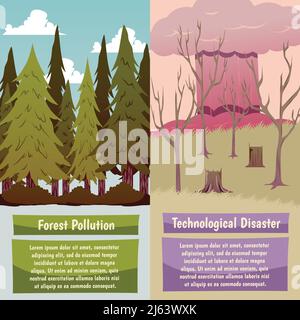 Catastrophes artificielles 2 bannières verticales orthogonales avec pollution forestière et illustration vectorielle isolée du risque technologique Illustration de Vecteur