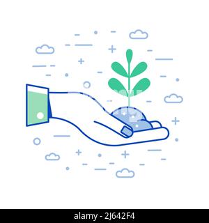 Icône d'économie de planète avec Hands Hold Plant Illustration de Vecteur