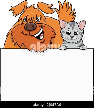 Illustration de dessin animé d'un chien et d'un chaton déchiqueteux avec carte vierge ou modèle de carte graphique Illustration de Vecteur